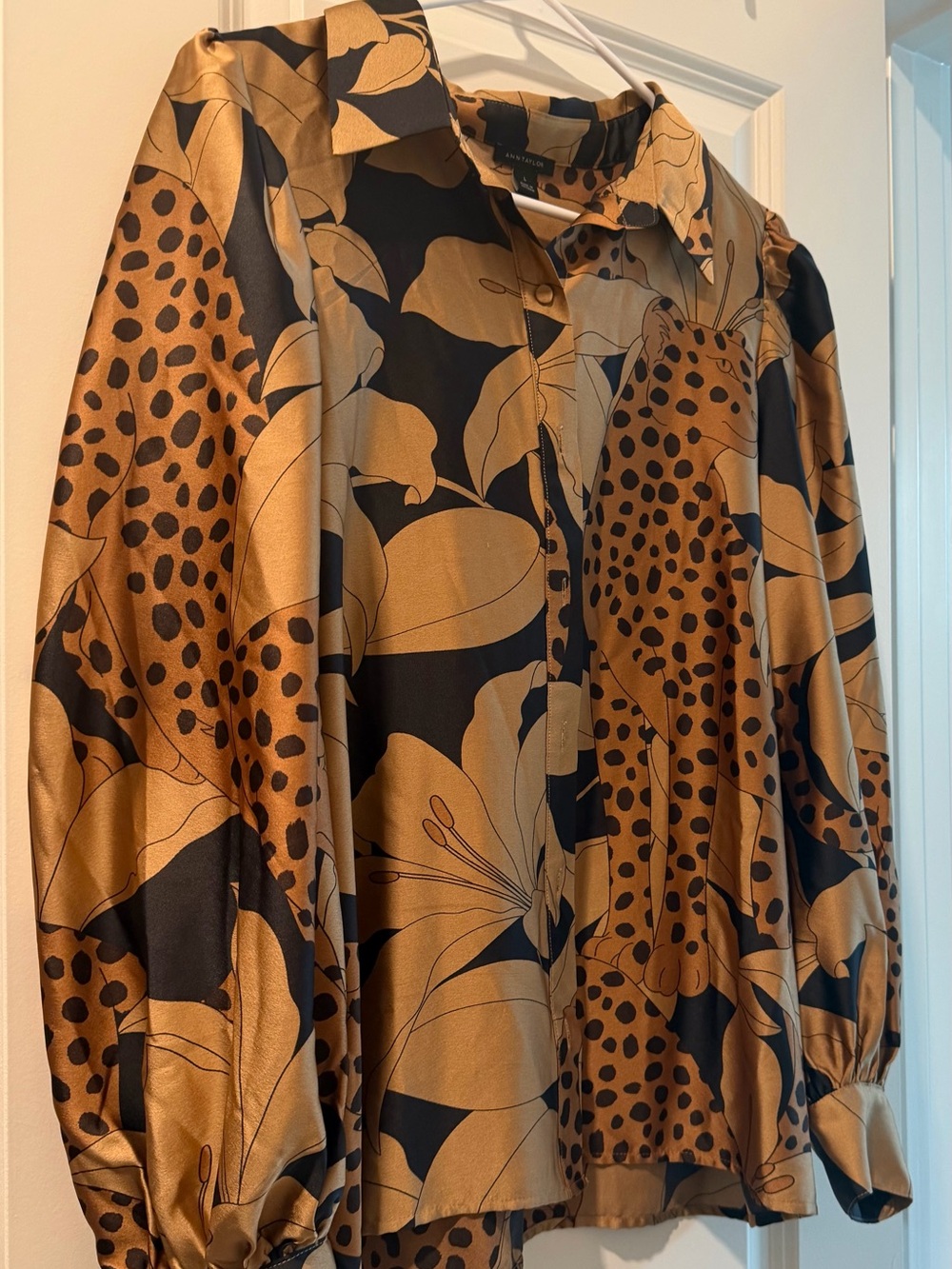 Anne Taylor Women's Floral & Cheetah Satin Blouse Jacket - Black & Tan